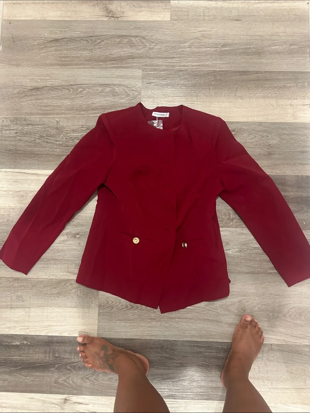 Elegant Collarless Red Blazer with Gold Buttons